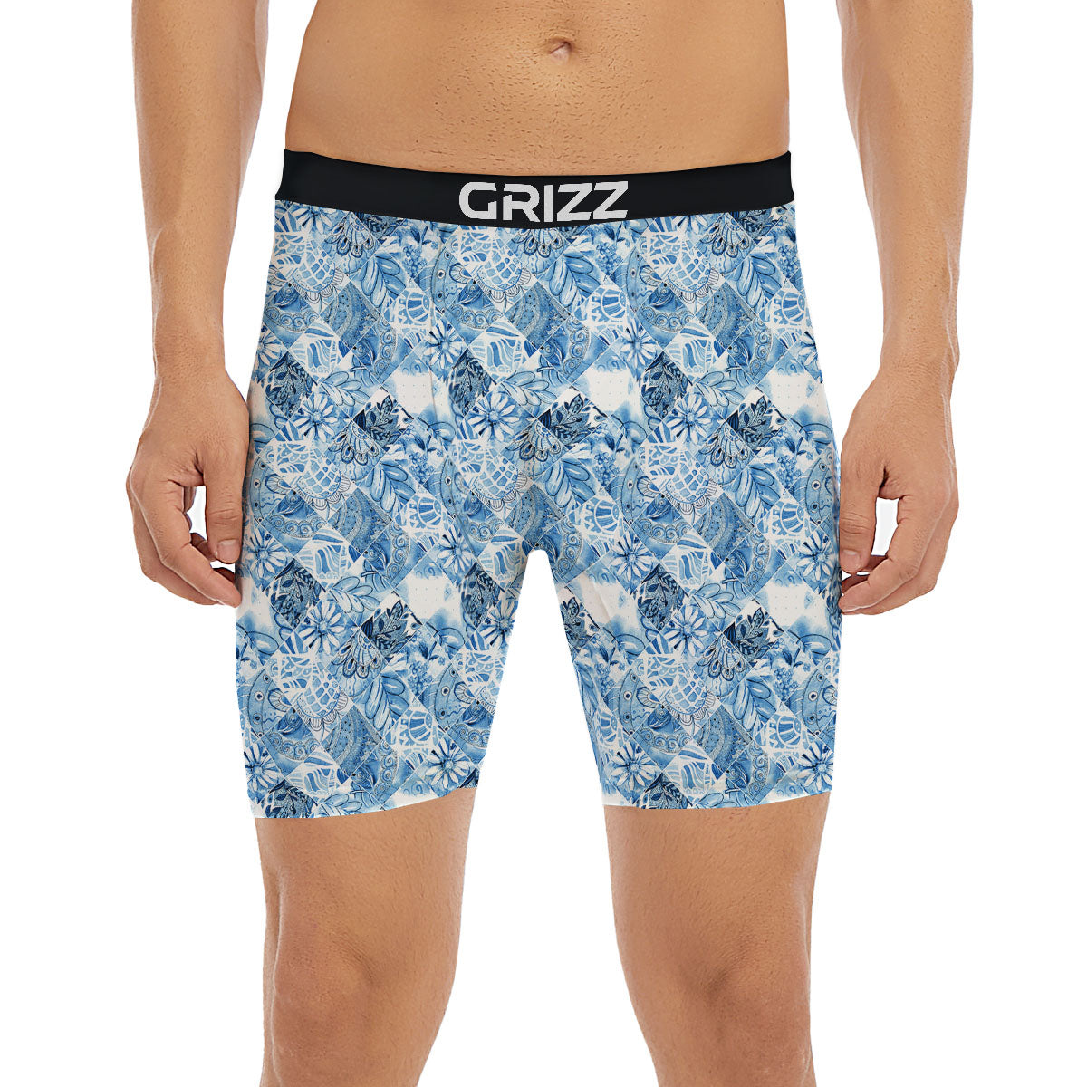 Patchwork Blue Flower Print Pattern Boxer Briefs-grizzshop