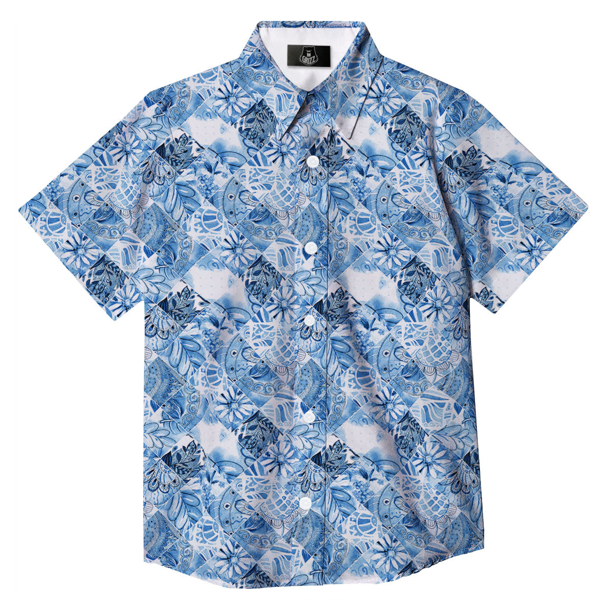 Patchwork Blue Flower Print Pattern Button Up Shirt-grizzshop