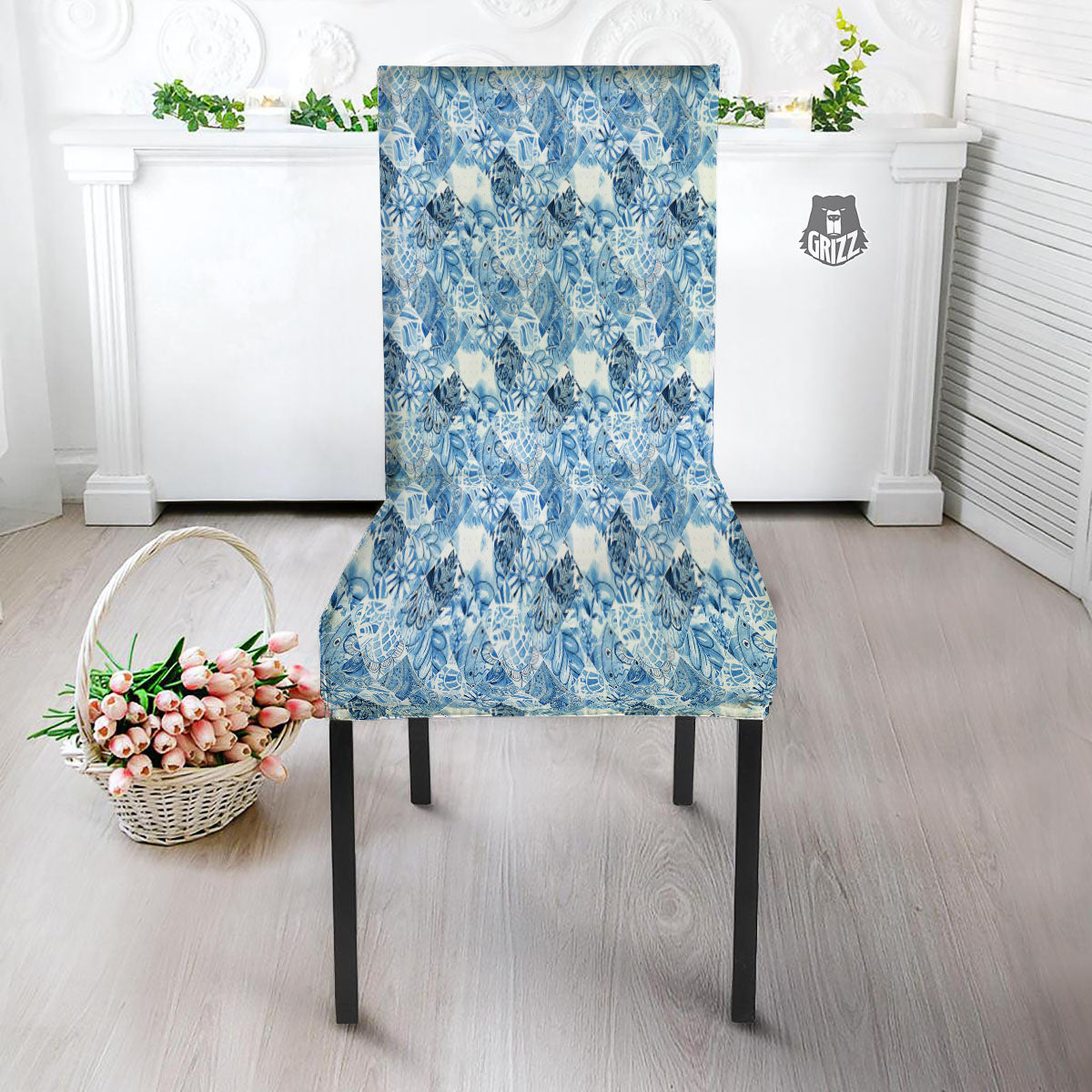 Patchwork Blue Flower Print Pattern Dining Chair Slipcover-grizzshop