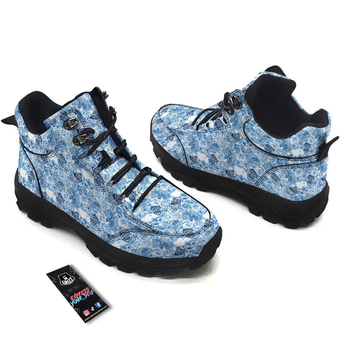 Patchwork Blue Flower Print Pattern Hiking Shoes-grizzshop
