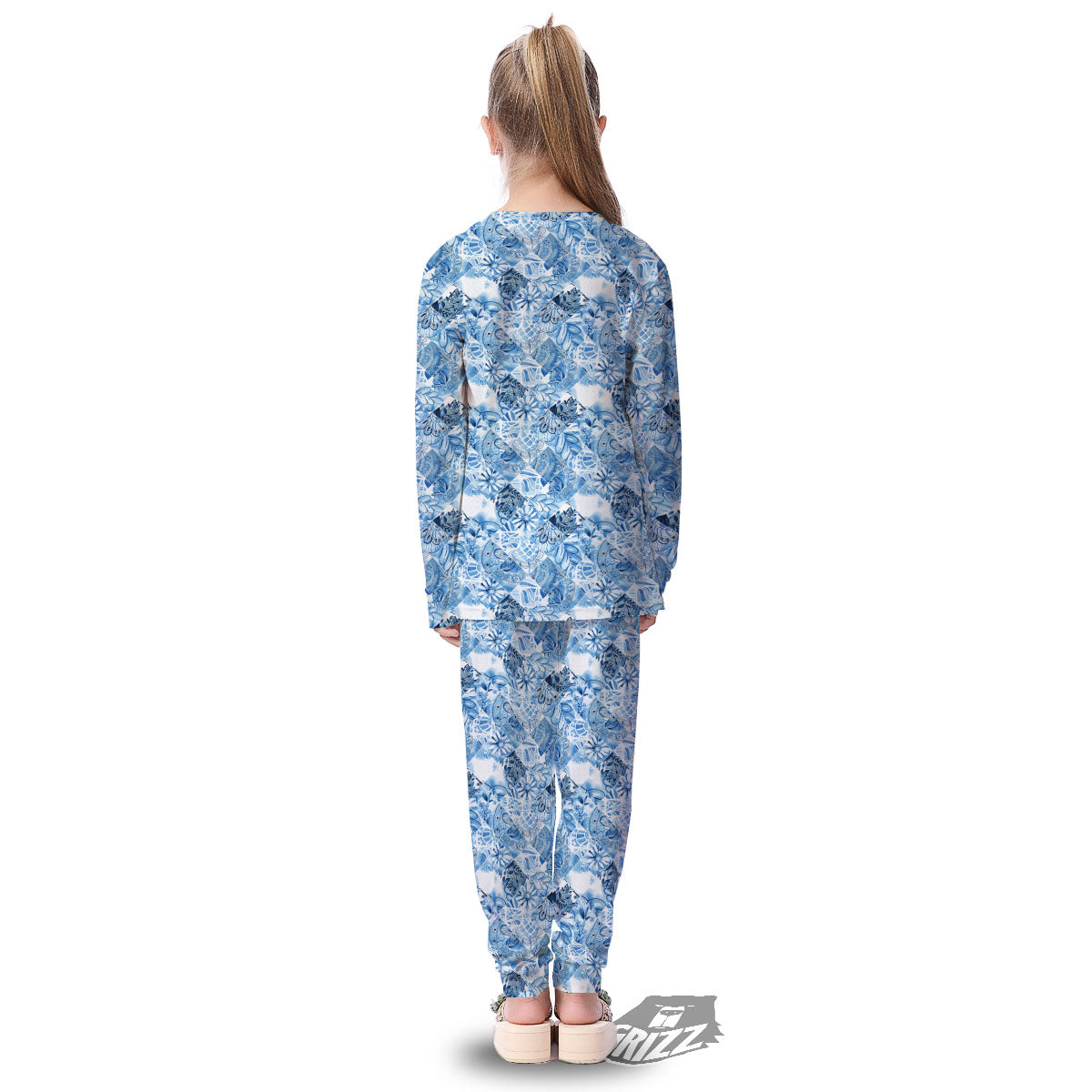 Patchwork Blue Flower Print Pattern Kid's Pajamas-grizzshop