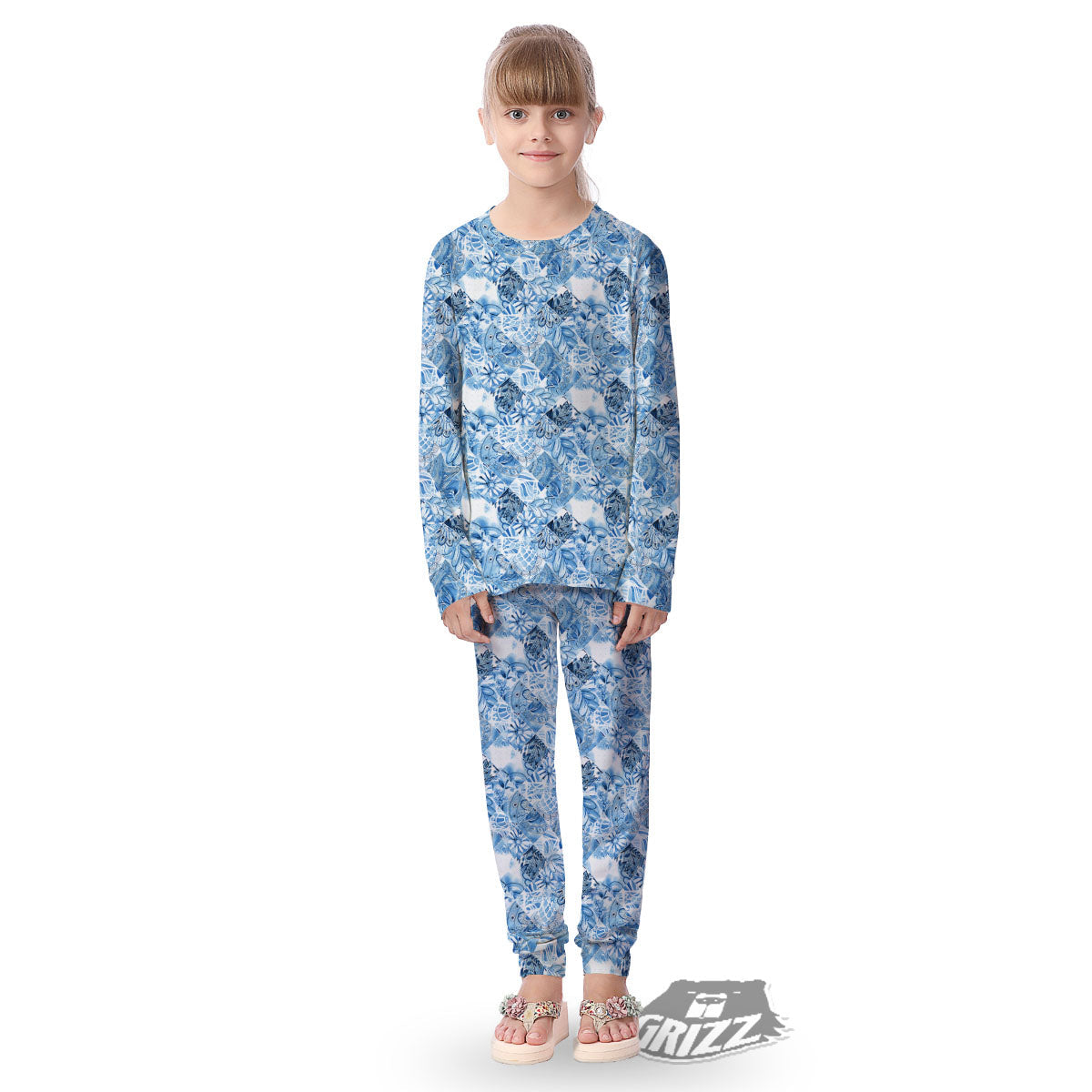 Patchwork Blue Flower Print Pattern Kid's Pajamas-grizzshop