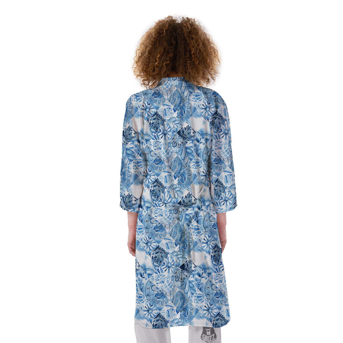 Patchwork Blue Flower Print Pattern Kimono-grizzshop