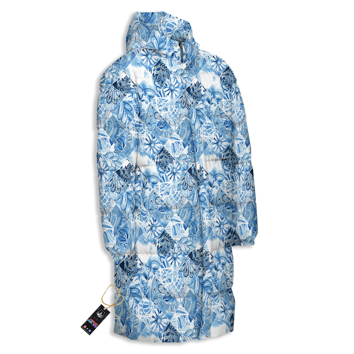 Patchwork Blue Flower Print Pattern Long Down Jacket-grizzshop