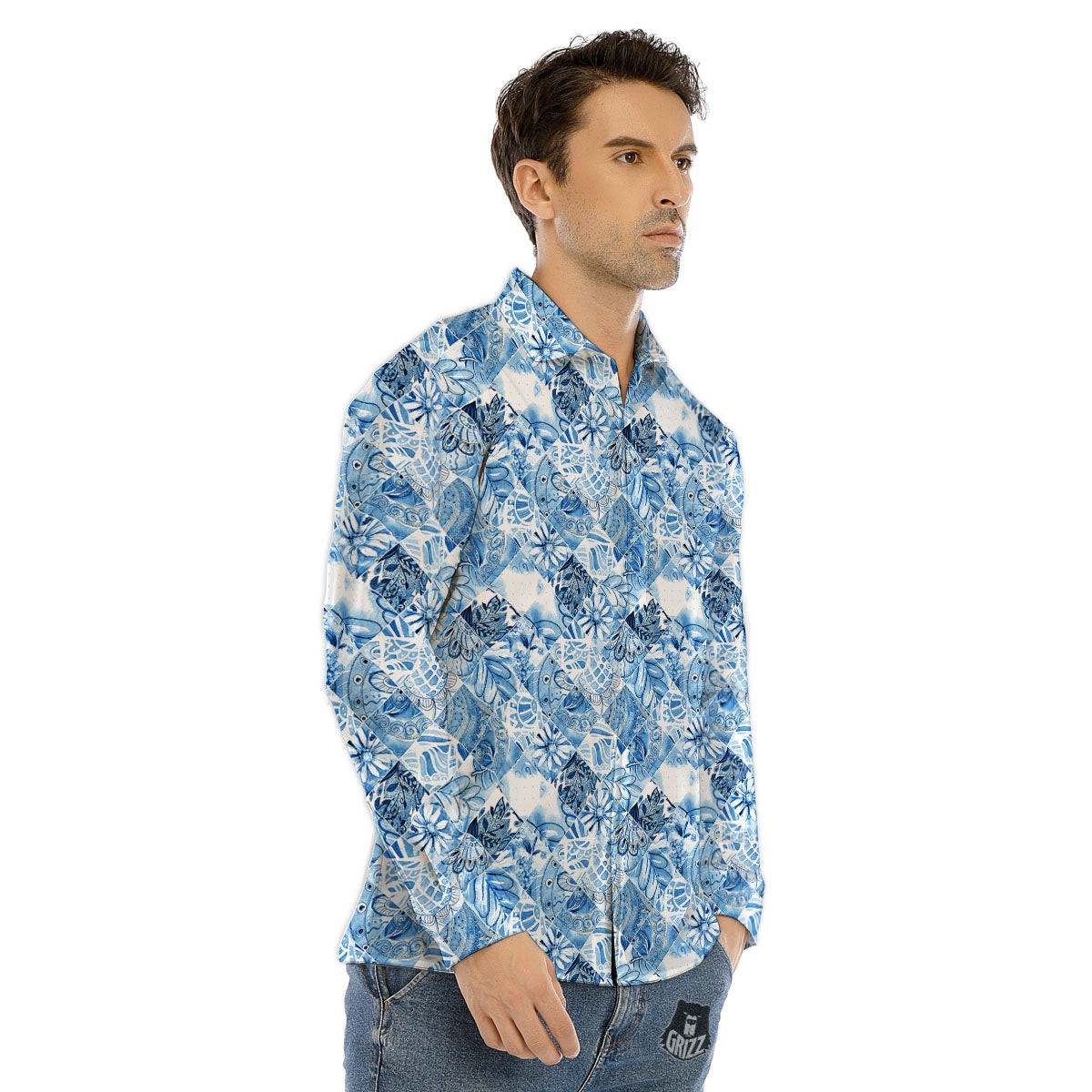 Patchwork Blue Flower Print Pattern Men's Dress Shirts-grizzshop