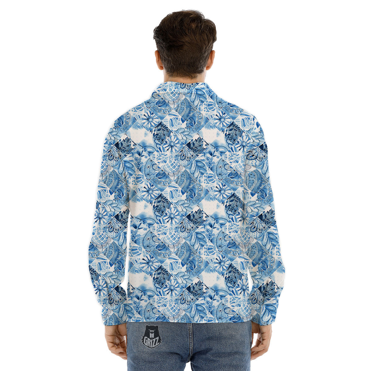 Patchwork Blue Flower Print Pattern Men's Dress Shirts-grizzshop