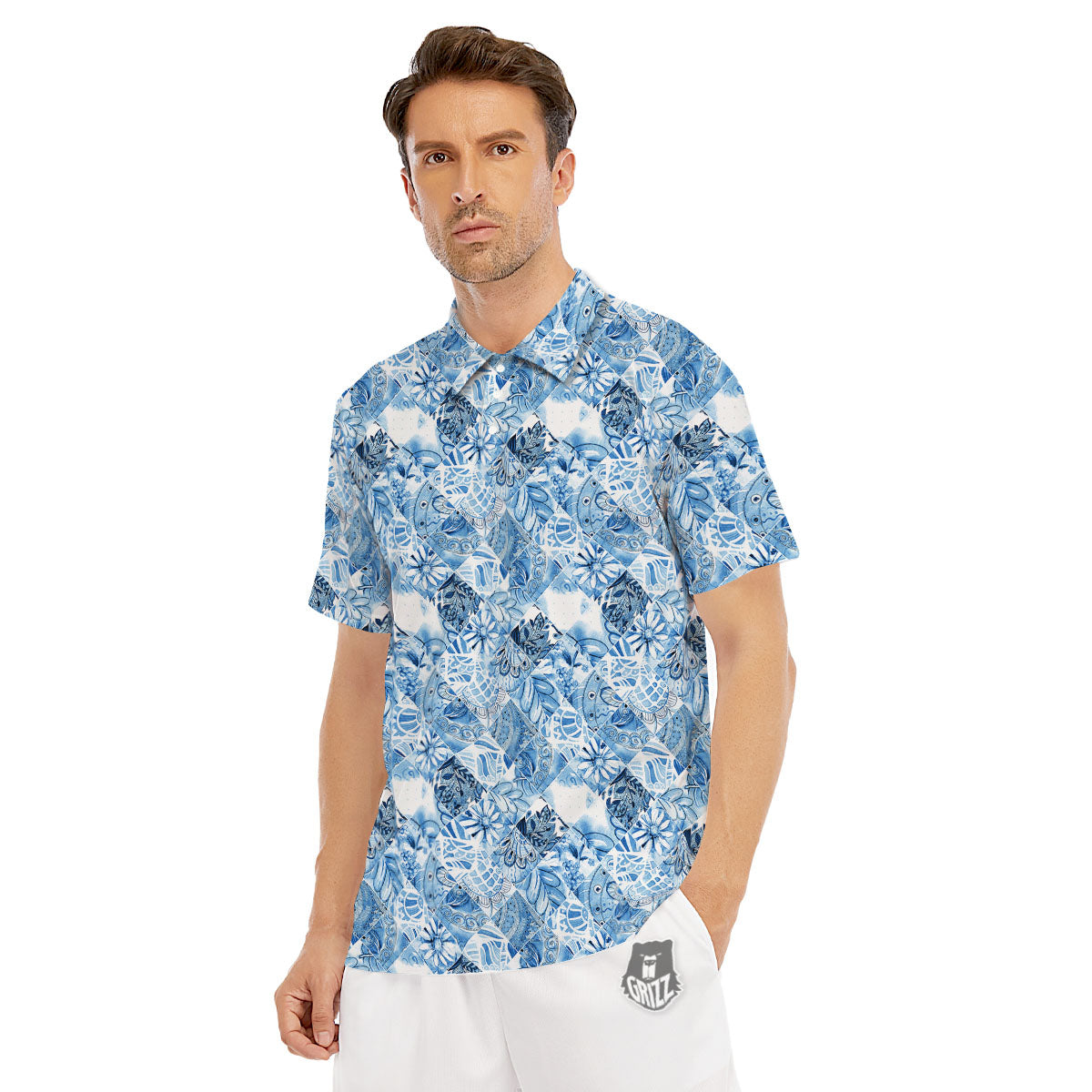 Patchwork Blue Flower Print Pattern Men's Golf Shirts-grizzshop