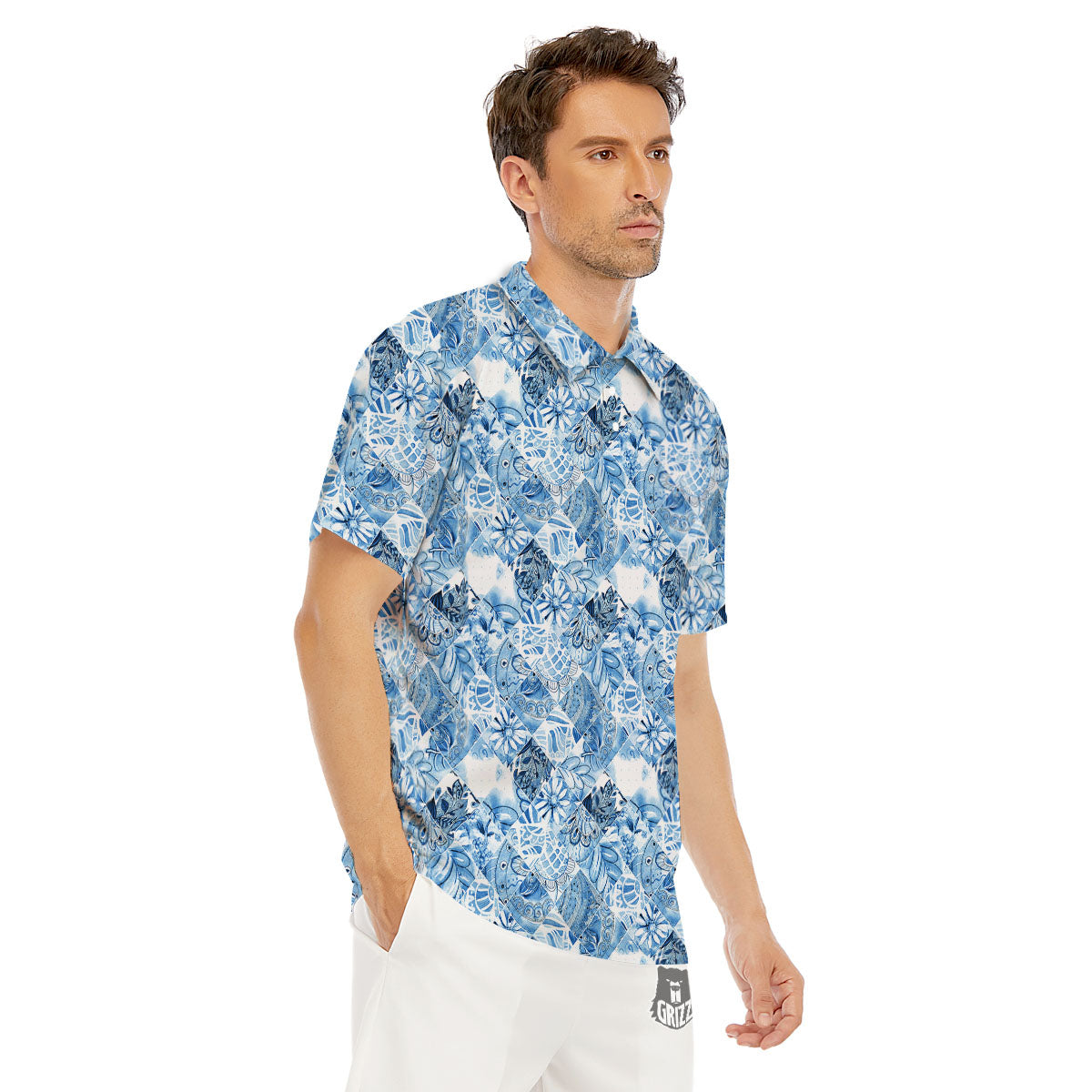 Patchwork Blue Flower Print Pattern Men's Golf Shirts-grizzshop