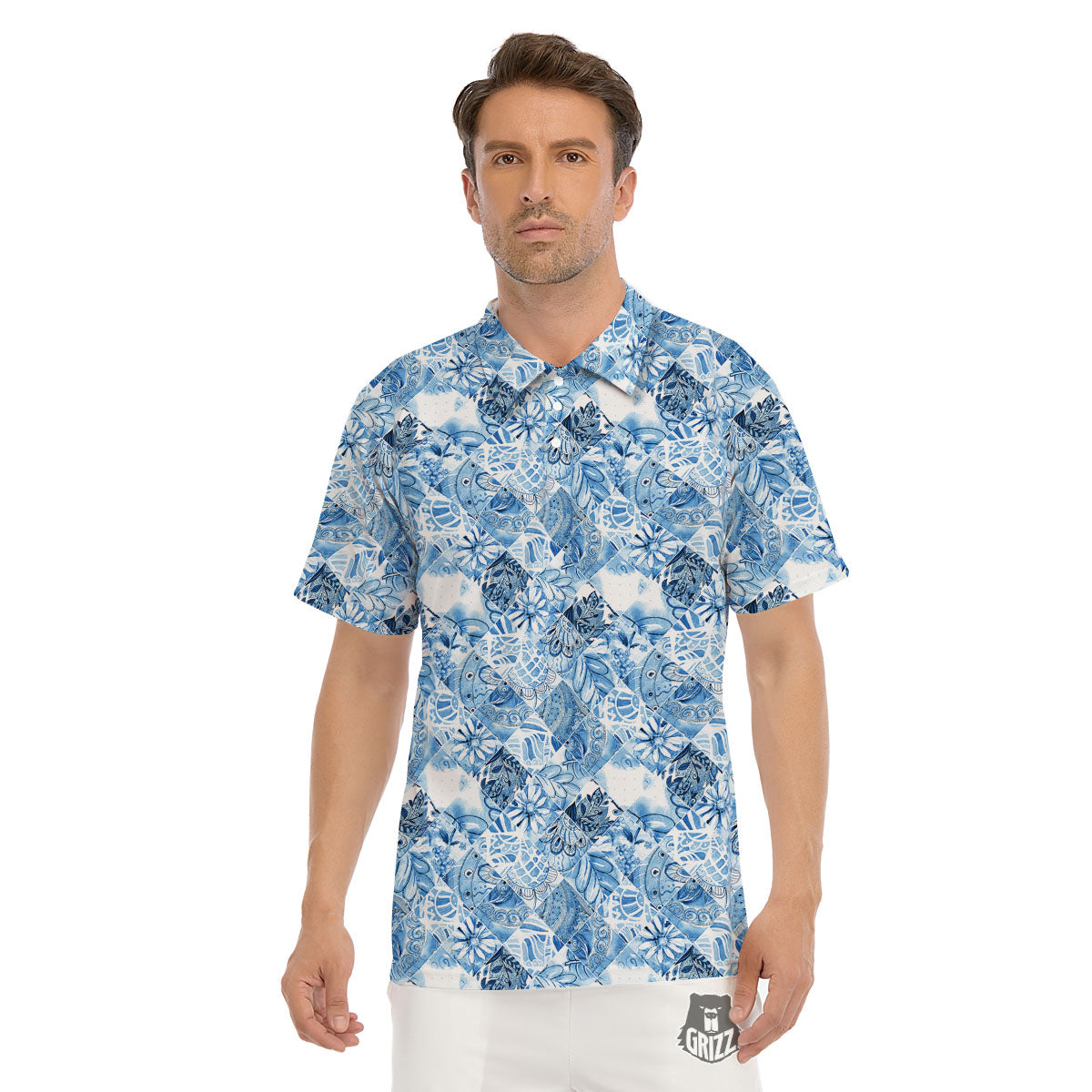 Patchwork Blue Flower Print Pattern Men's Golf Shirts-grizzshop