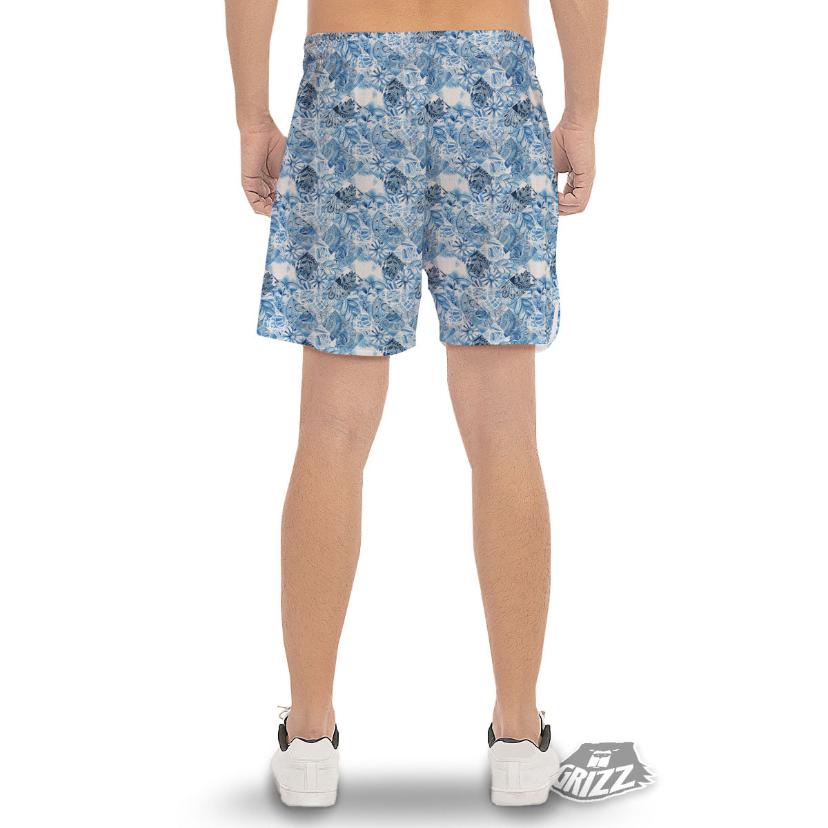 Patchwork Blue Flower Print Pattern Men's Gym Shorts-grizzshop