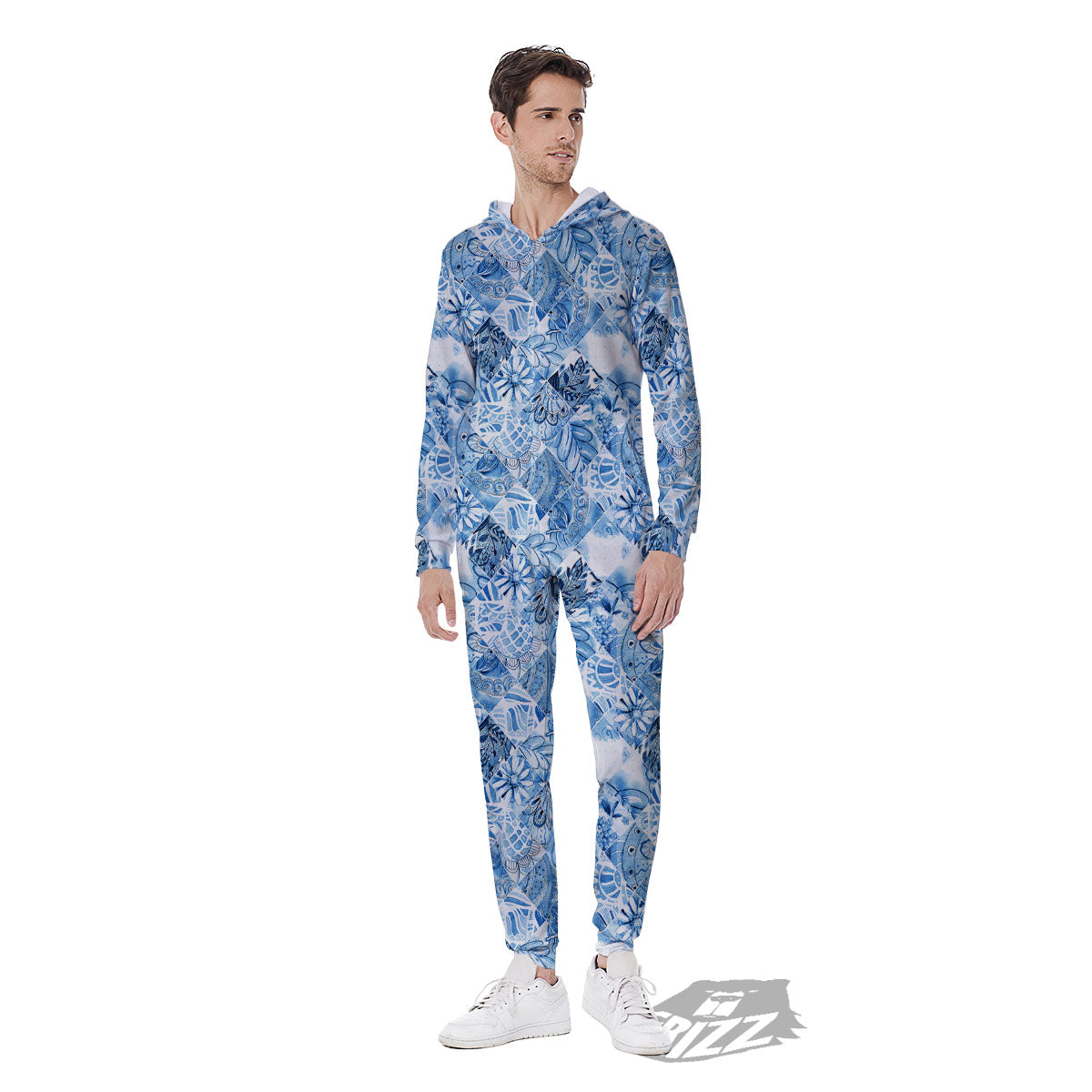 Patchwork Blue Flower Print Pattern Men's Jumpsuit-grizzshop