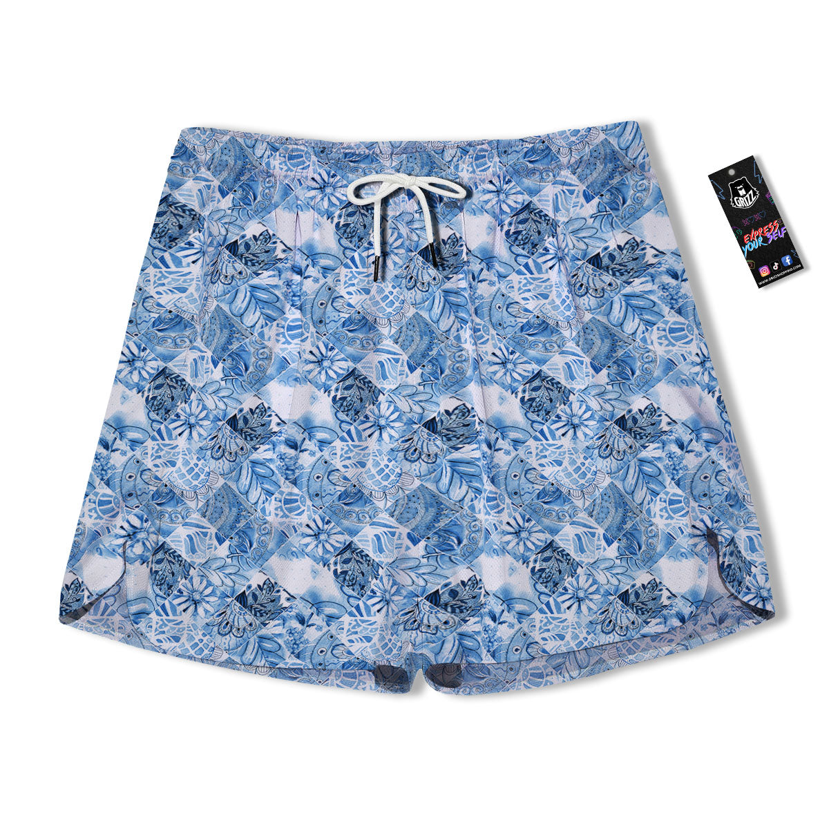 Patchwork Blue Flower Print Pattern Men's Running Shorts-grizzshop
