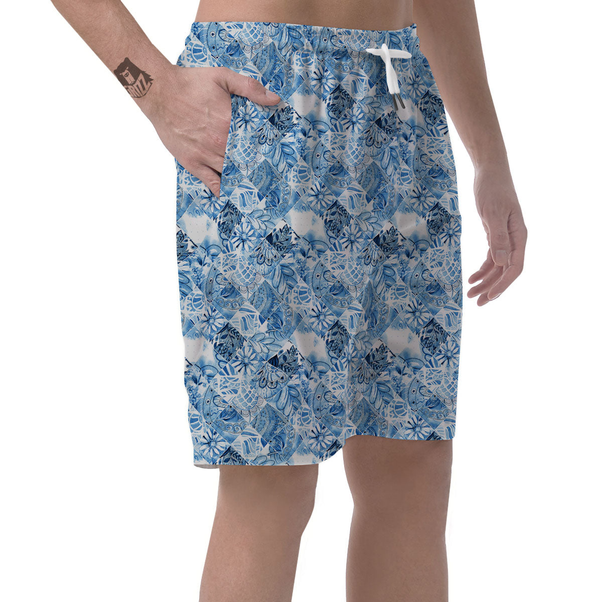 Patchwork Blue Flower Print Pattern Men's Shorts-grizzshop