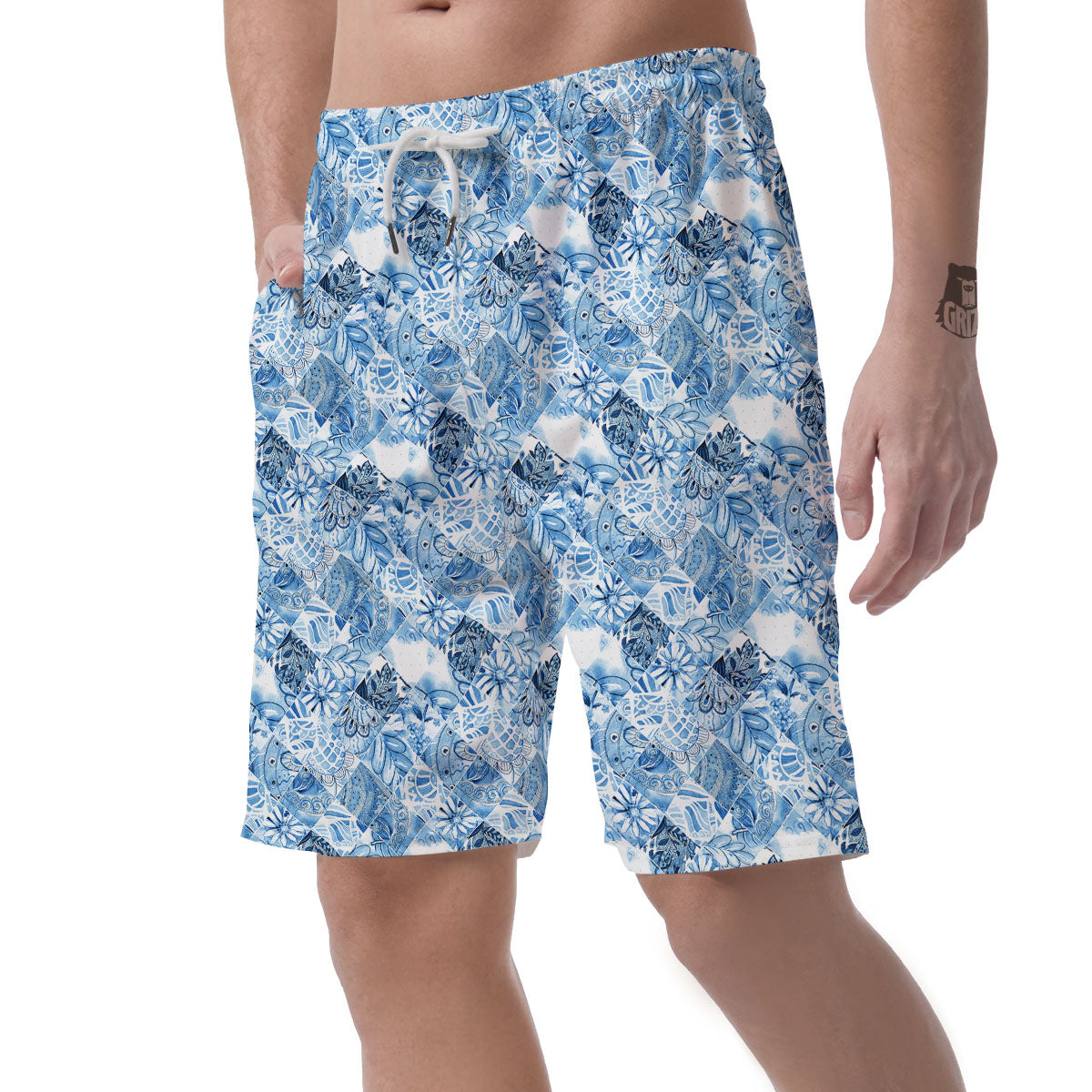 Patchwork Blue Flower Print Pattern Men's Shorts-grizzshop