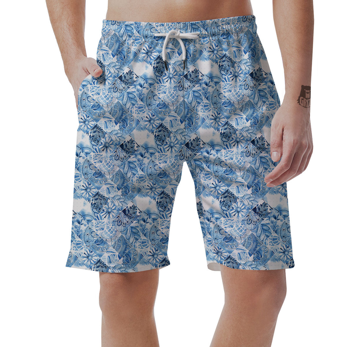 Patchwork Blue Flower Print Pattern Men's Shorts-grizzshop