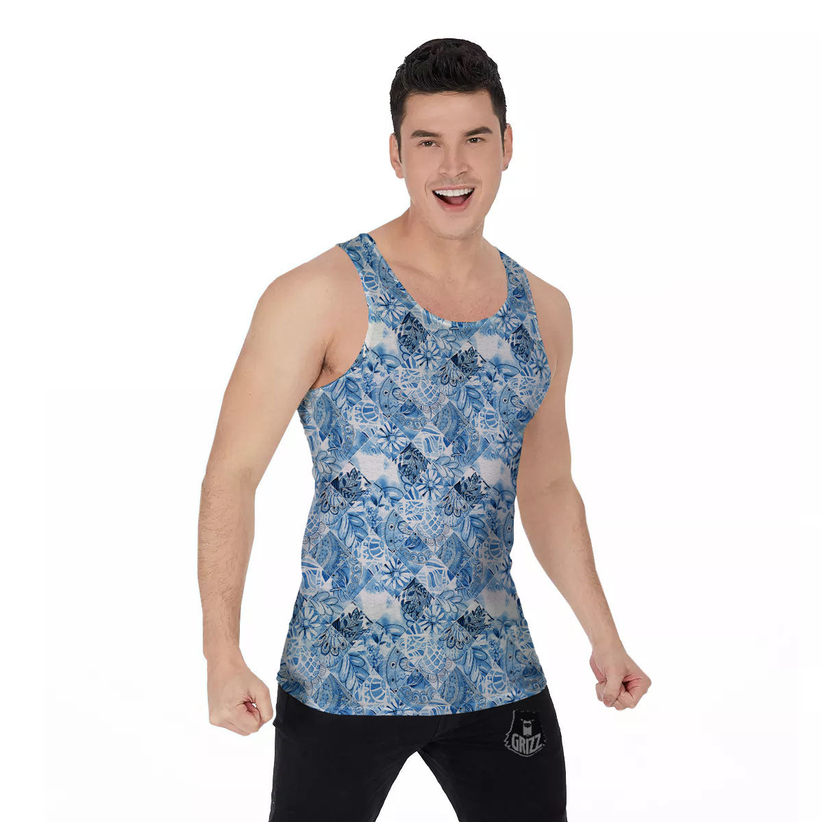 Patchwork Blue Flower Print Pattern Men's Tank Top-grizzshop