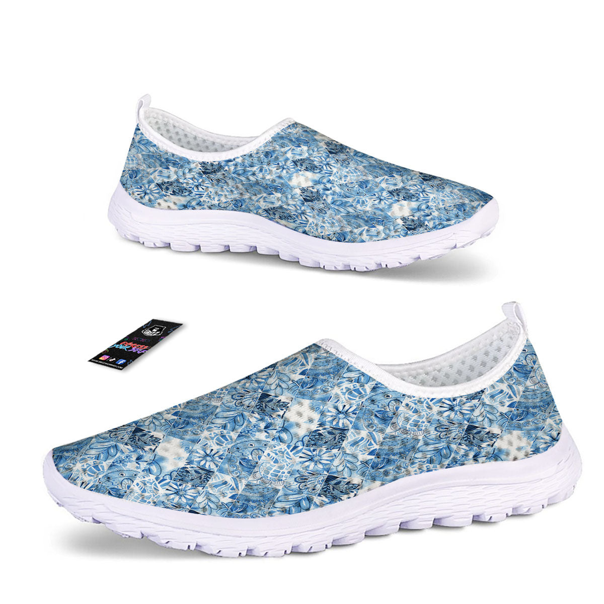 Patchwork Blue Flower Print Pattern Nurse Shoes-grizzshop