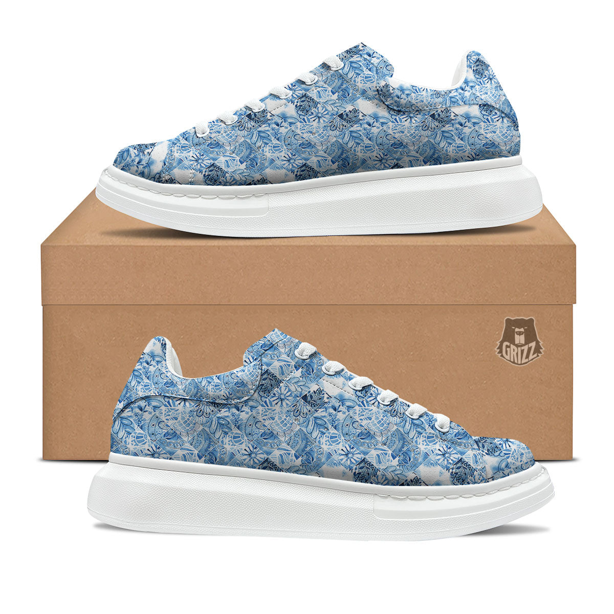 Patchwork Blue Flower Print Pattern Platform Shoes-grizzshop