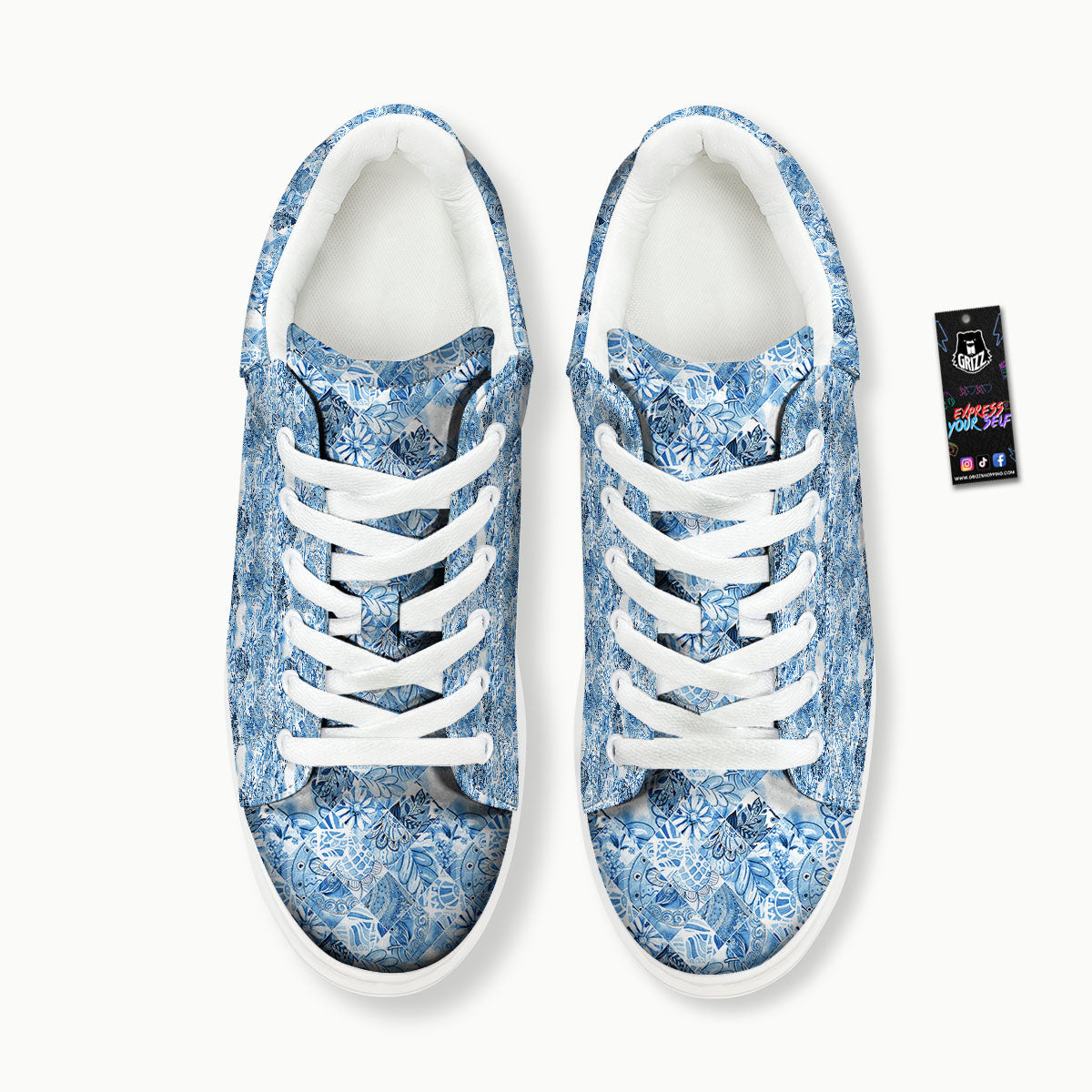 Patchwork Blue Flower Print Pattern Platform Shoes-grizzshop