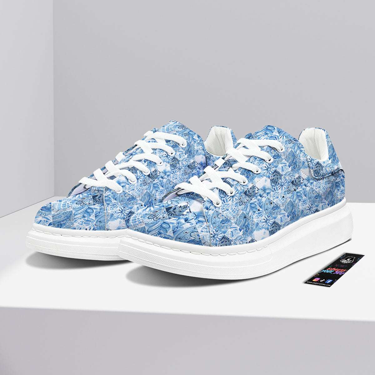 Patchwork Blue Flower Print Pattern Platform Shoes-grizzshop