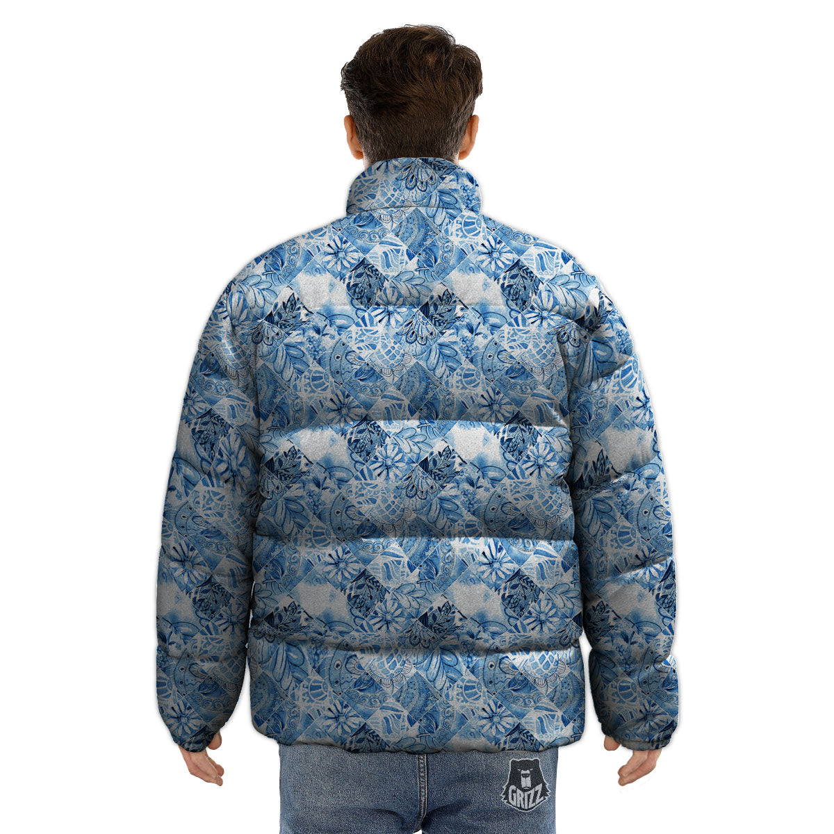 Patchwork Blue Flower Print Pattern Puffer Jacket-grizzshop