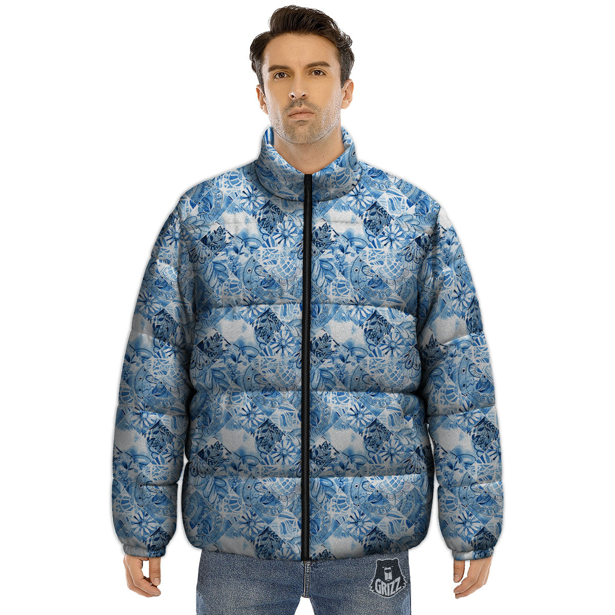 Patchwork Blue Flower Print Pattern Puffer Jacket-grizzshop