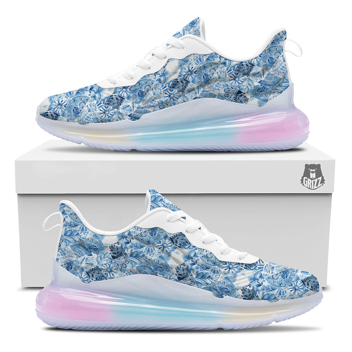 Patchwork Blue Flower Print Pattern Running Sneakers-grizzshop