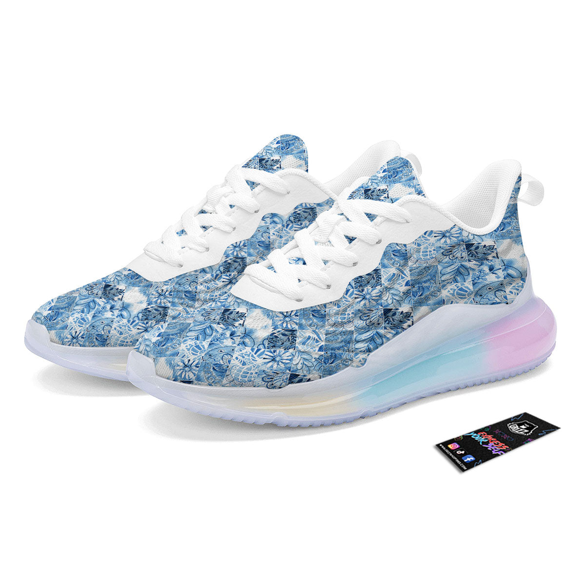 Patchwork Blue Flower Print Pattern Running Sneakers-grizzshop
