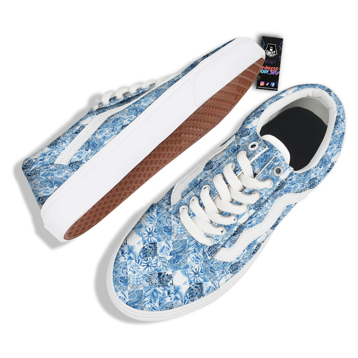 Patchwork Blue Flower Print Pattern Skate Shoes-grizzshop