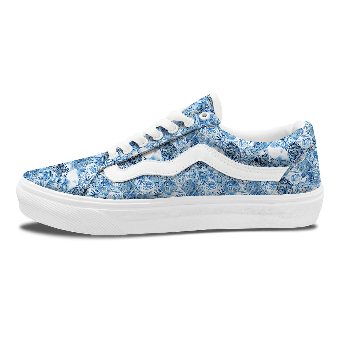 Patchwork Blue Flower Print Pattern Skate Shoes-grizzshop
