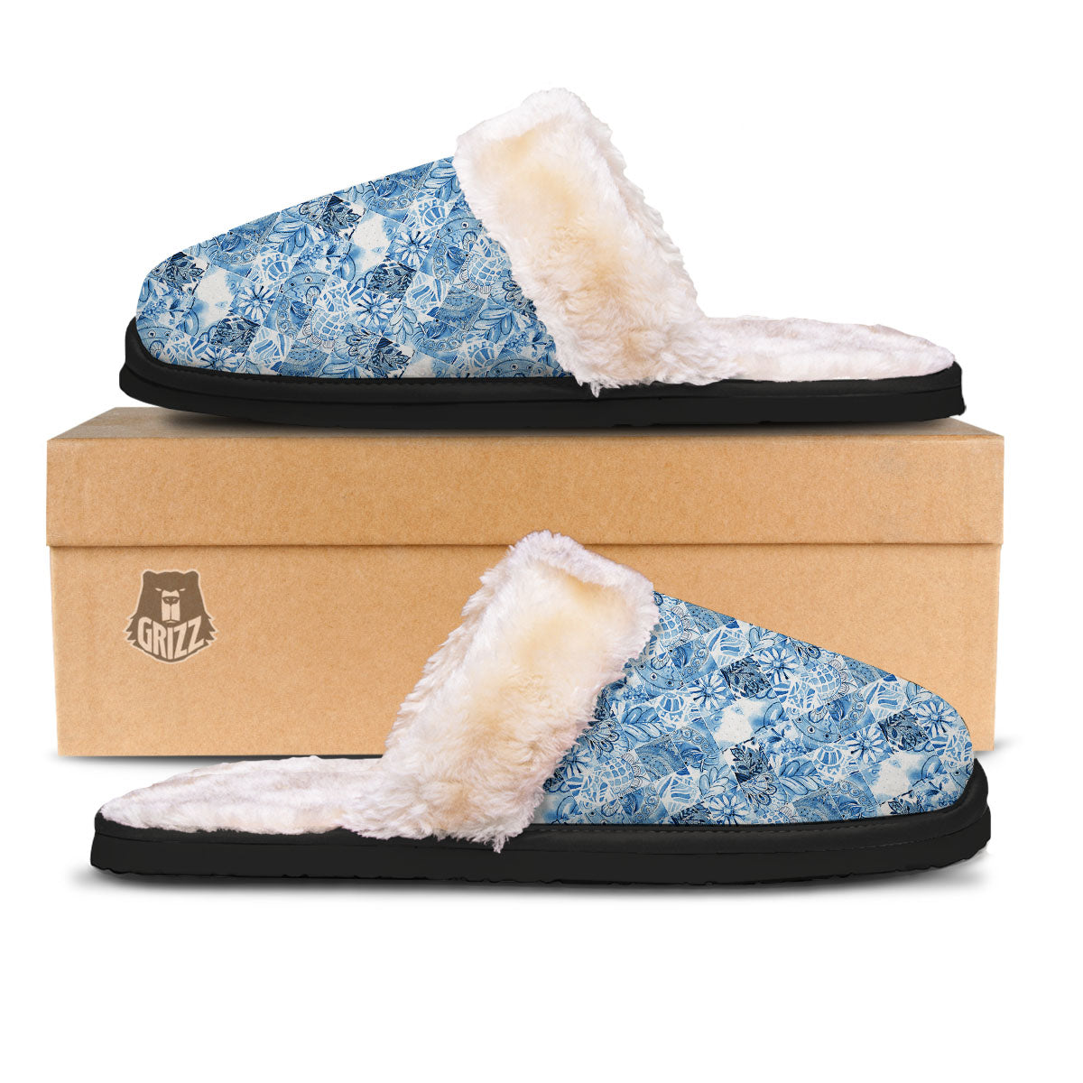 Patchwork Blue Flower Print Pattern Slippers-grizzshop