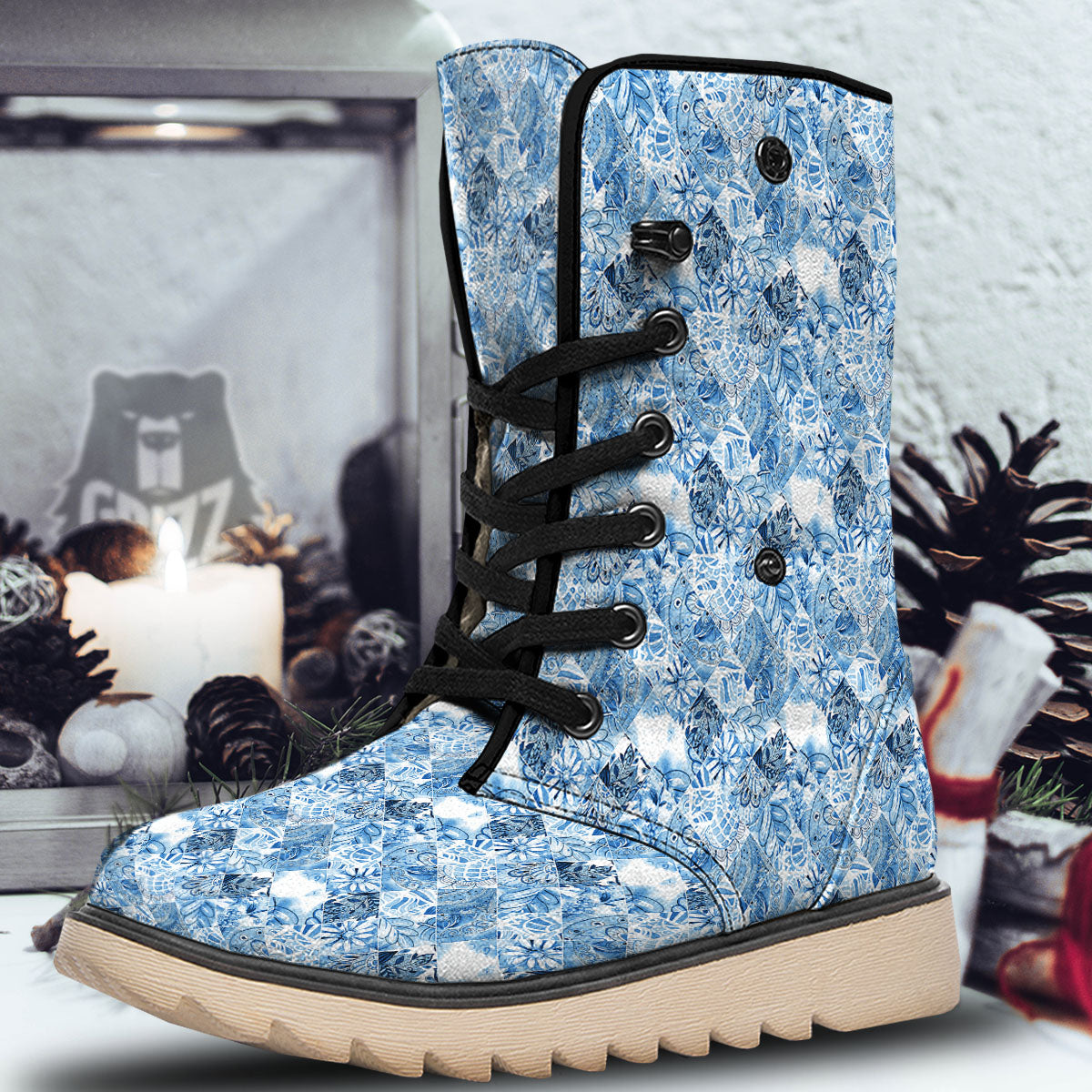Patchwork Blue Flower Print Pattern Snow Boots-grizzshop