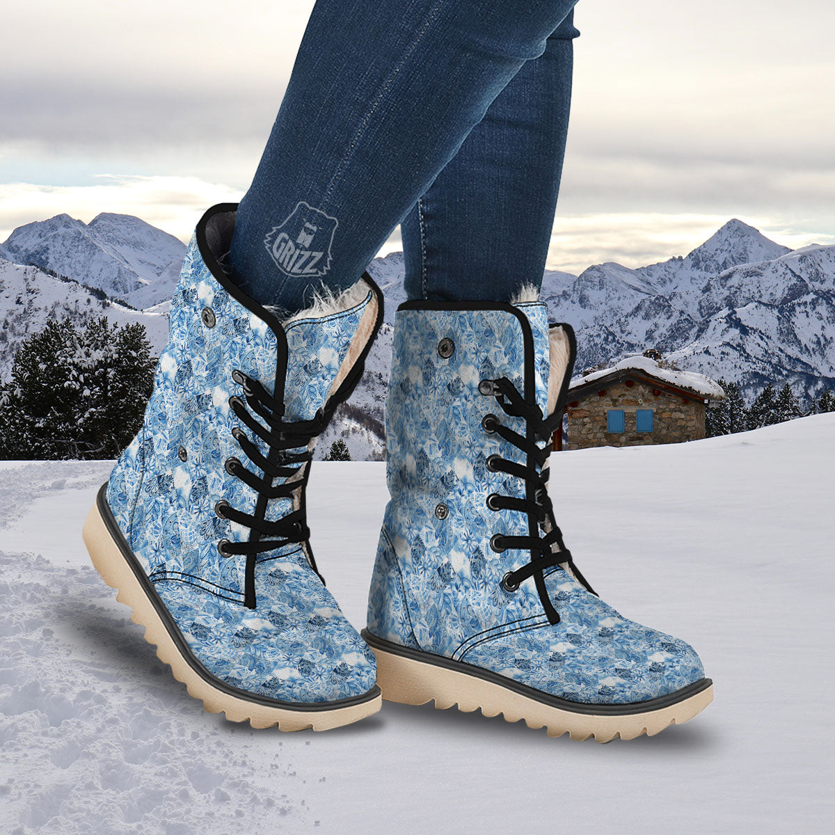 Patchwork Blue Flower Print Pattern Snow Boots-grizzshop