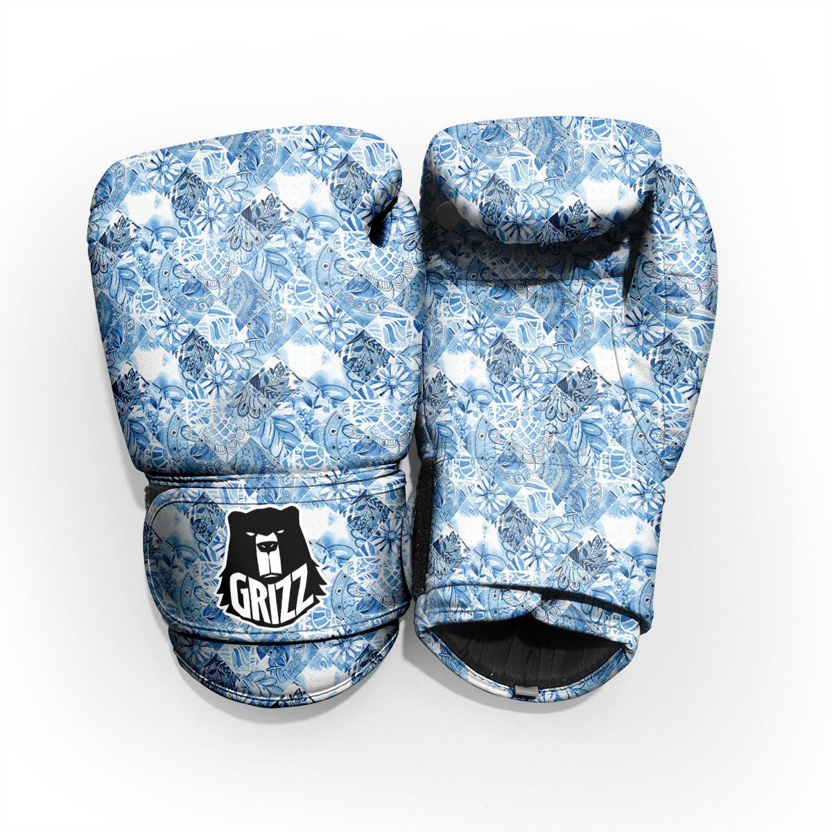 Patchwork Blue Flower Print Pattern Pro Boxing Glove