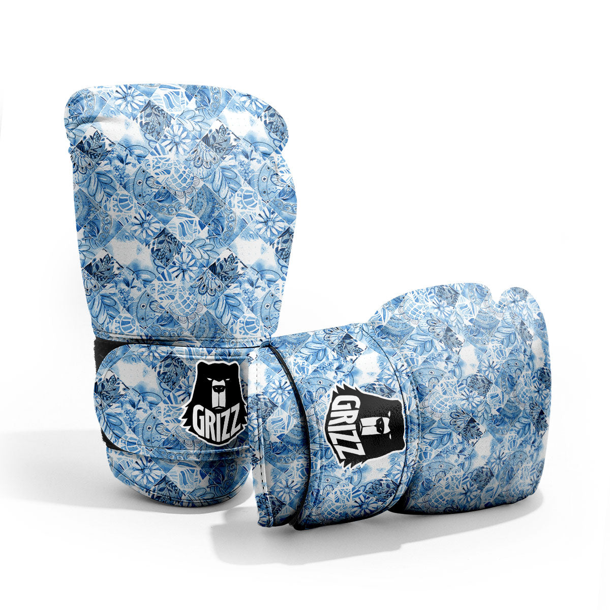 Patchwork Blue Flower Print Pattern Pro Boxing Glove