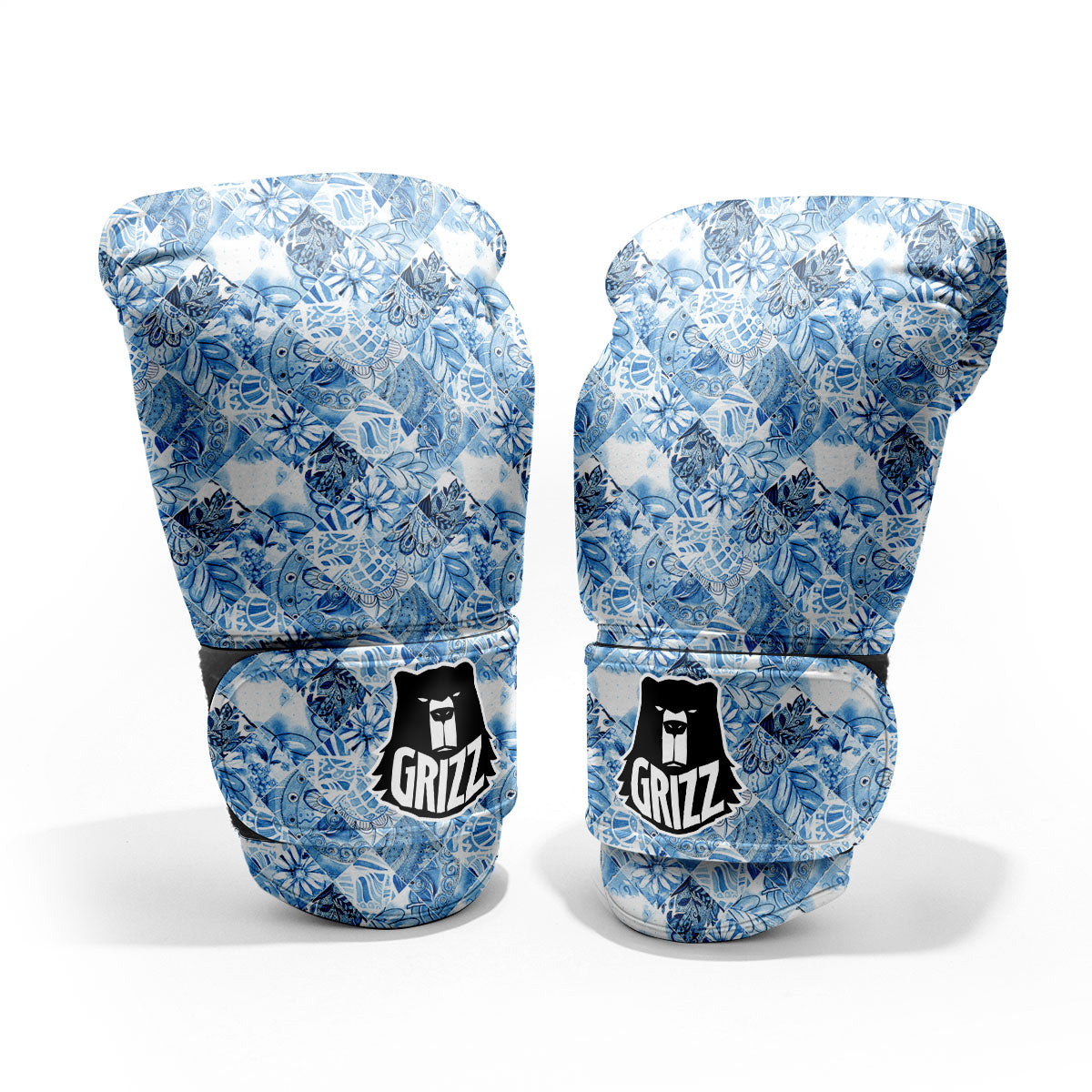 Patchwork Blue Flower Print Pattern Pro Boxing Glove