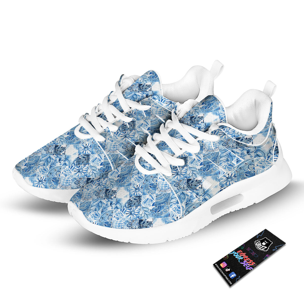 Patchwork Blue Flower Print Pattern Tennis Shoes-grizzshop