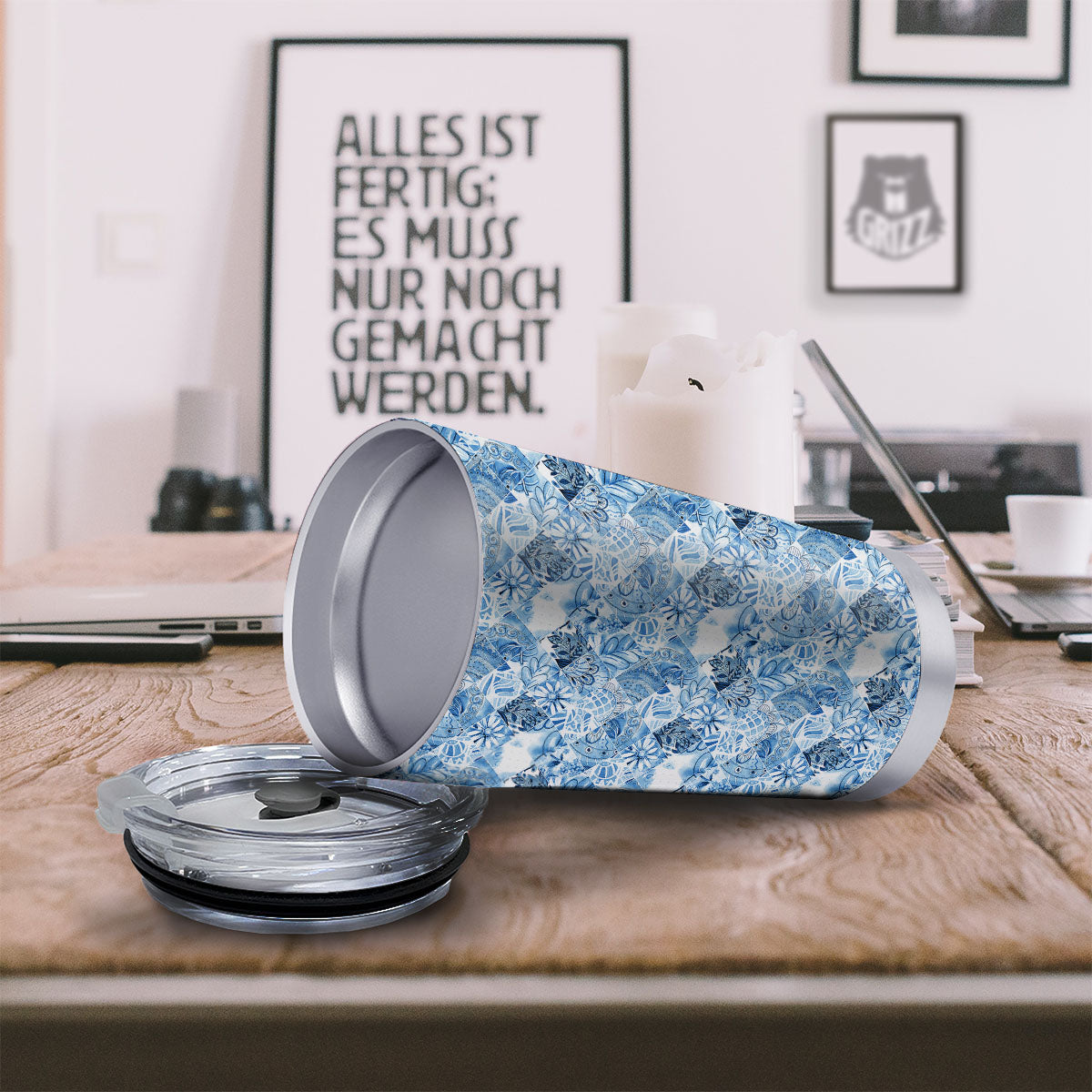 Patchwork Blue Flower Print Pattern Tumbler-grizzshop