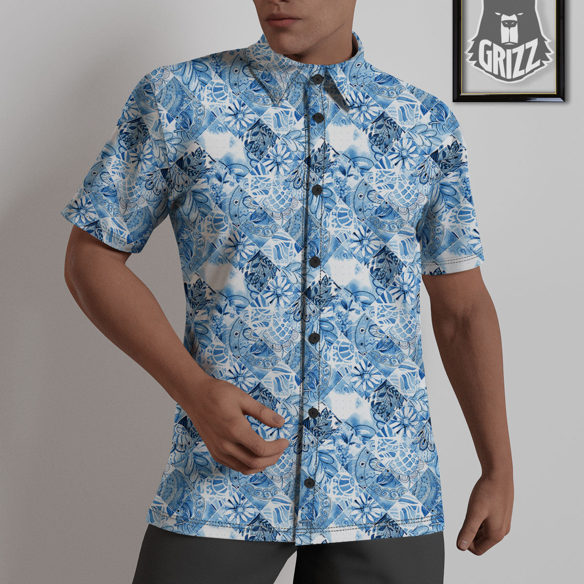Patchwork Blue Flower Print Pattern Untucked Shirts-grizzshop