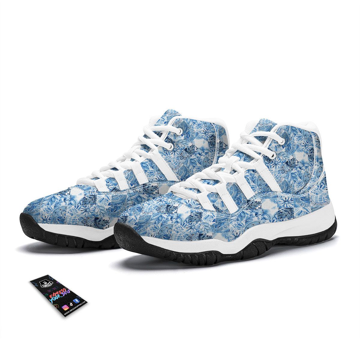 Patchwork Blue Flower Print Pattern White Bball Shoes-grizzshop
