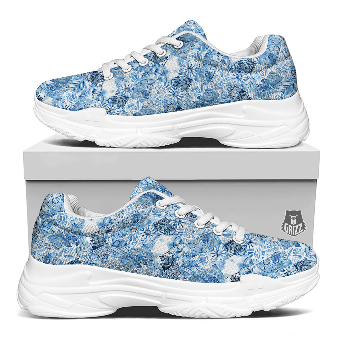 Patchwork Blue Flower Print Pattern White Chunky Shoes-grizzshop