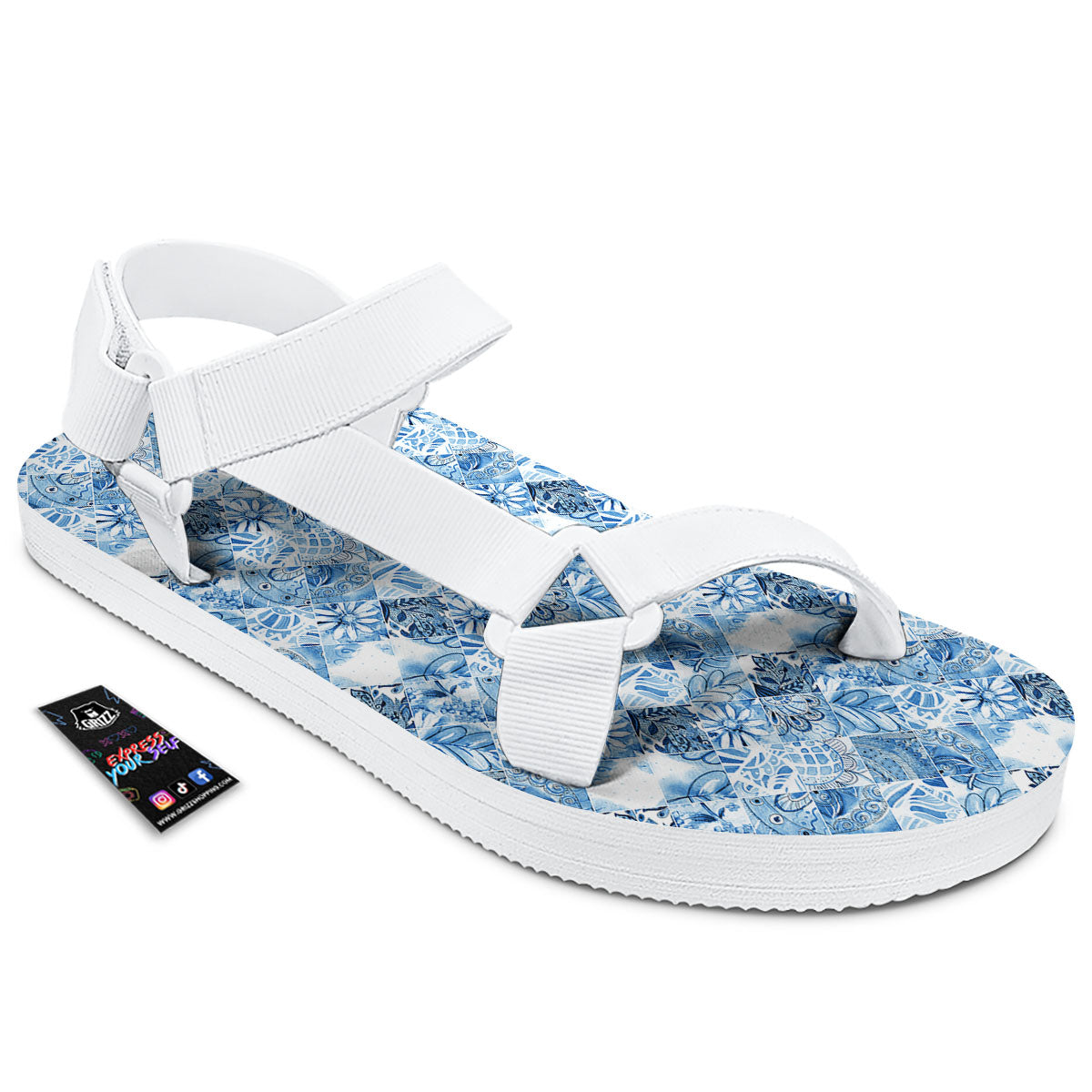 Patchwork Blue Flower Print Pattern White Open Toe Sandals-grizzshop