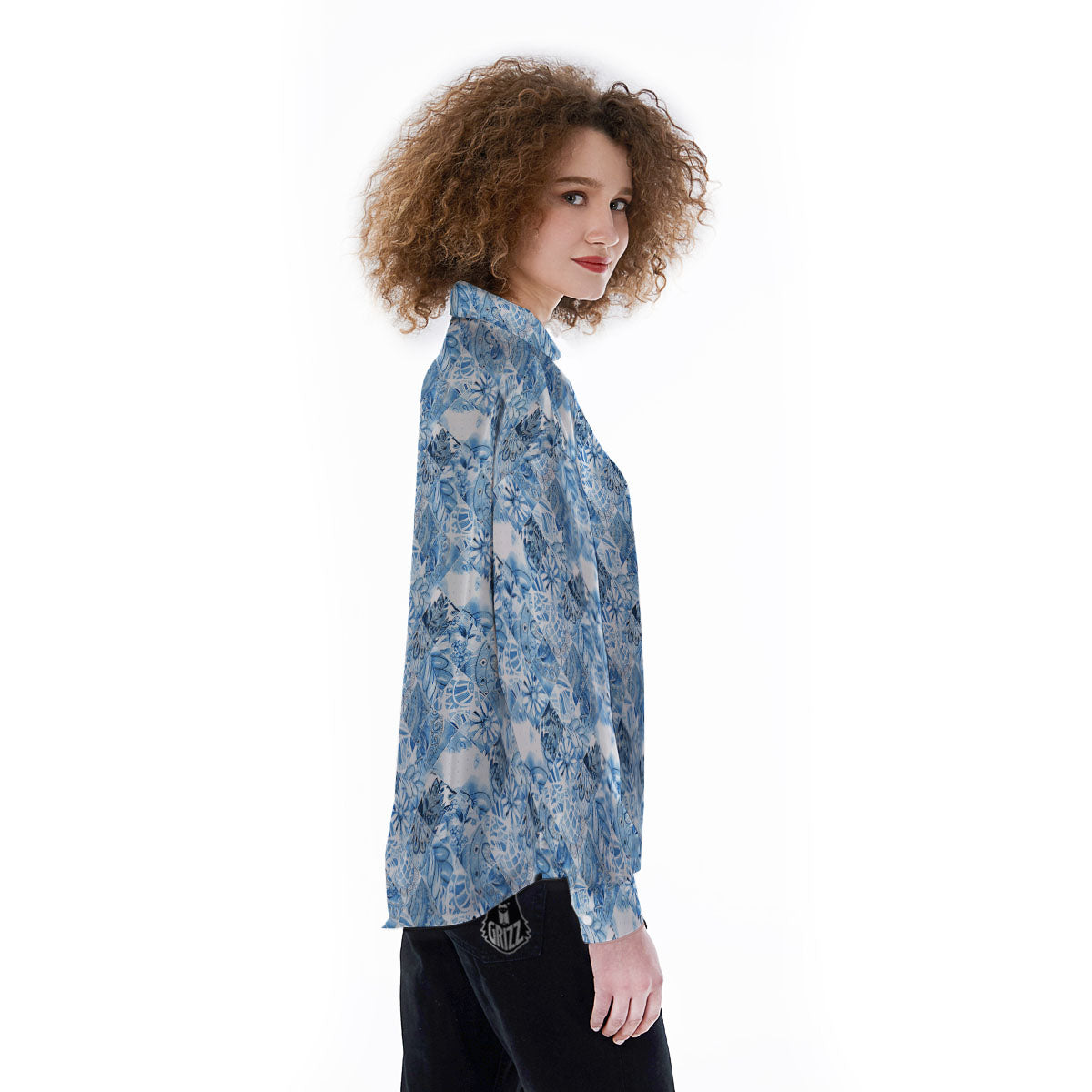 Patchwork Blue Flower Print Pattern Women's Long Sleeve Shirts-grizzshop