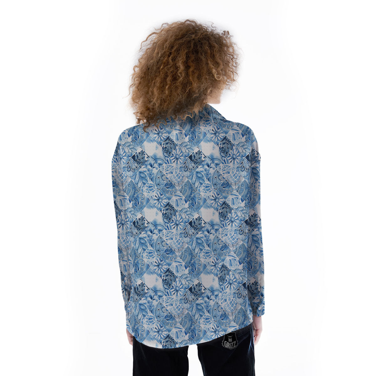Patchwork Blue Flower Print Pattern Women's Long Sleeve Shirts-grizzshop
