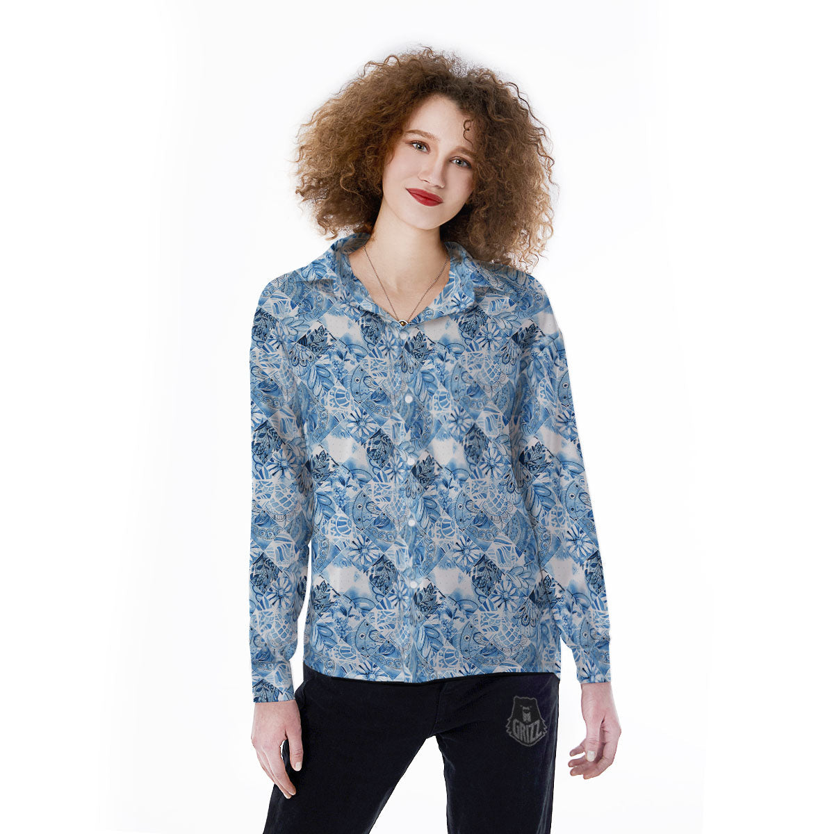 Patchwork Blue Flower Print Pattern Women's Long Sleeve Shirts-grizzshop