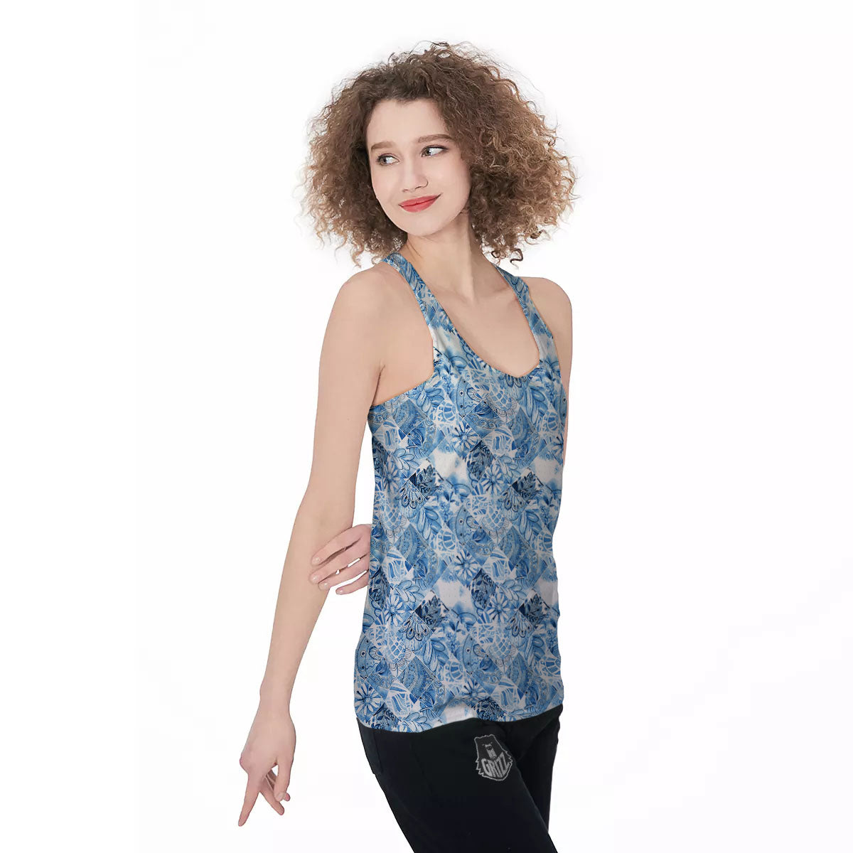 Patchwork Blue Flower Print Pattern Women's Racerback Tank Top-grizzshop