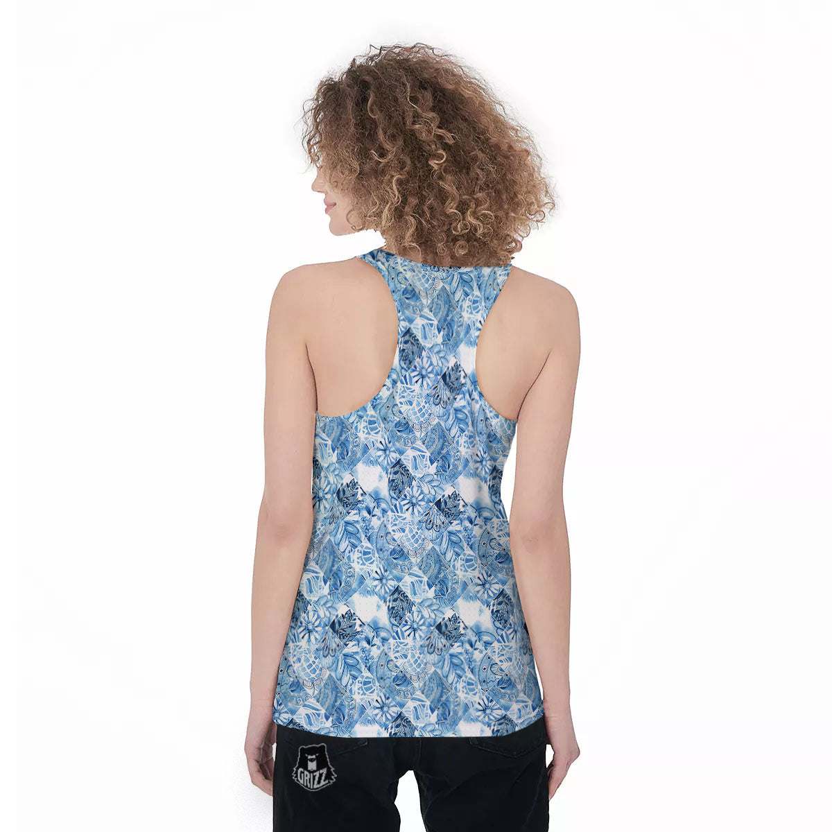 Patchwork Blue Flower Print Pattern Women's Racerback Tank Top-grizzshop