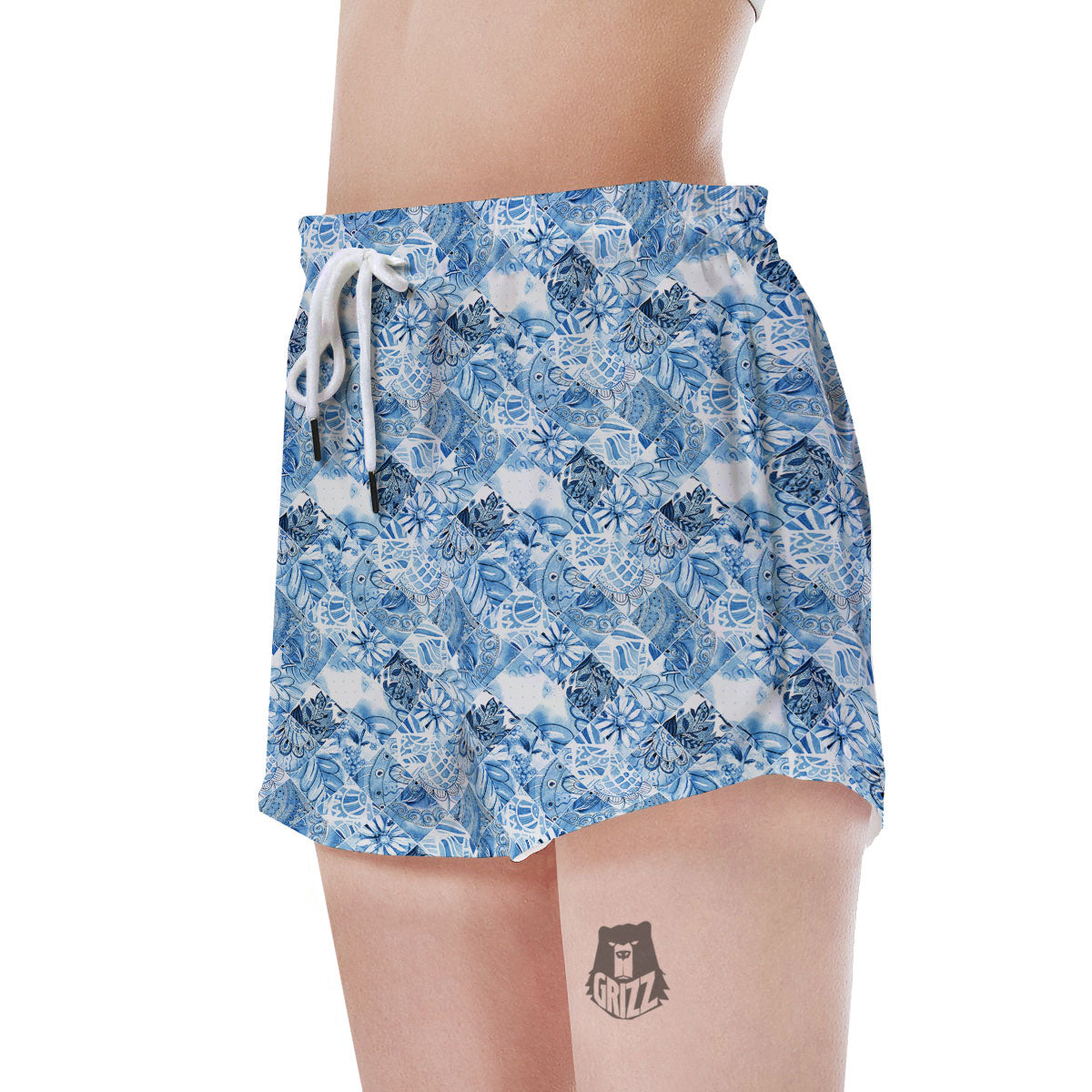 Patchwork Blue Flower Print Pattern Women's Shorts-grizzshop