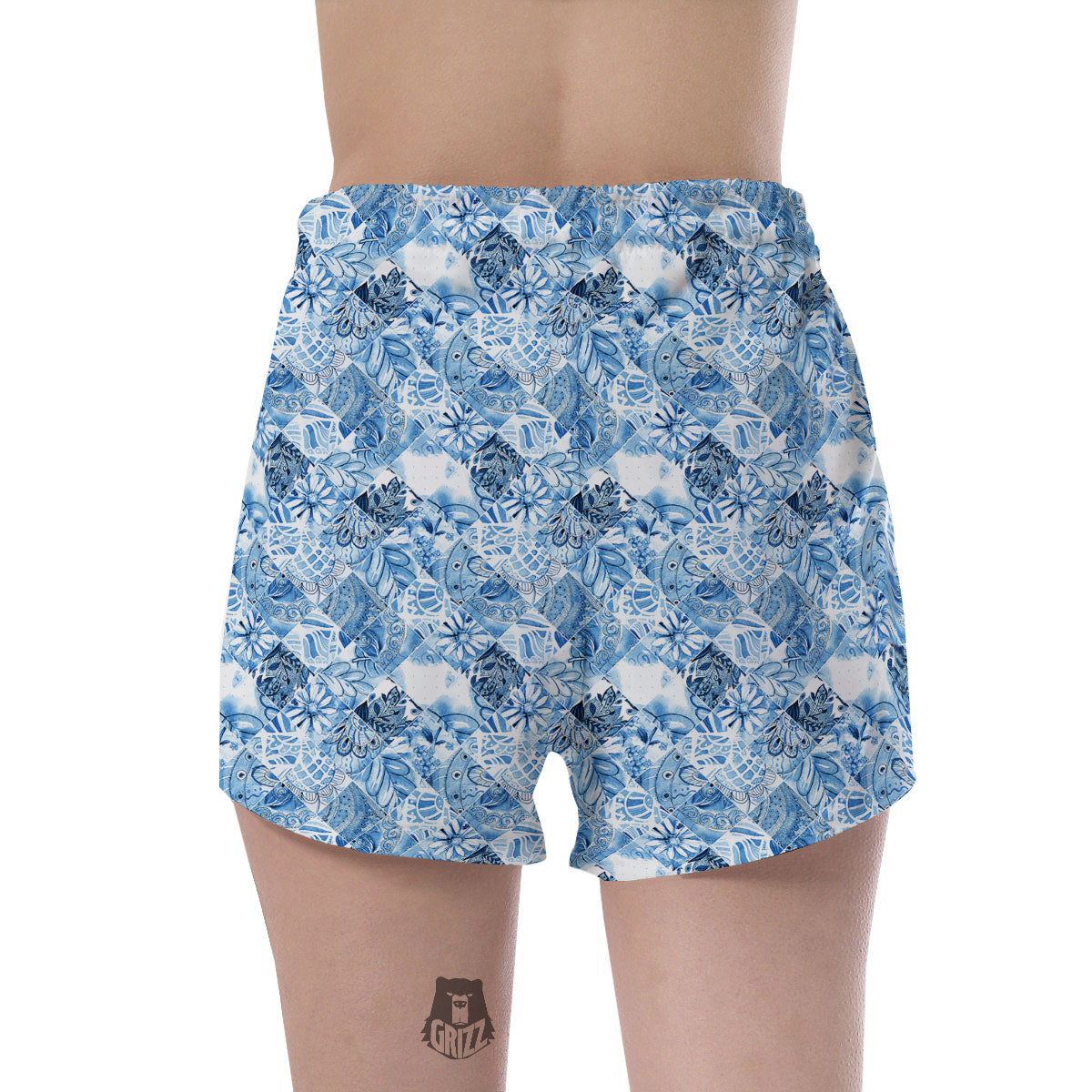 Patchwork Blue Flower Print Pattern Women's Shorts-grizzshop
