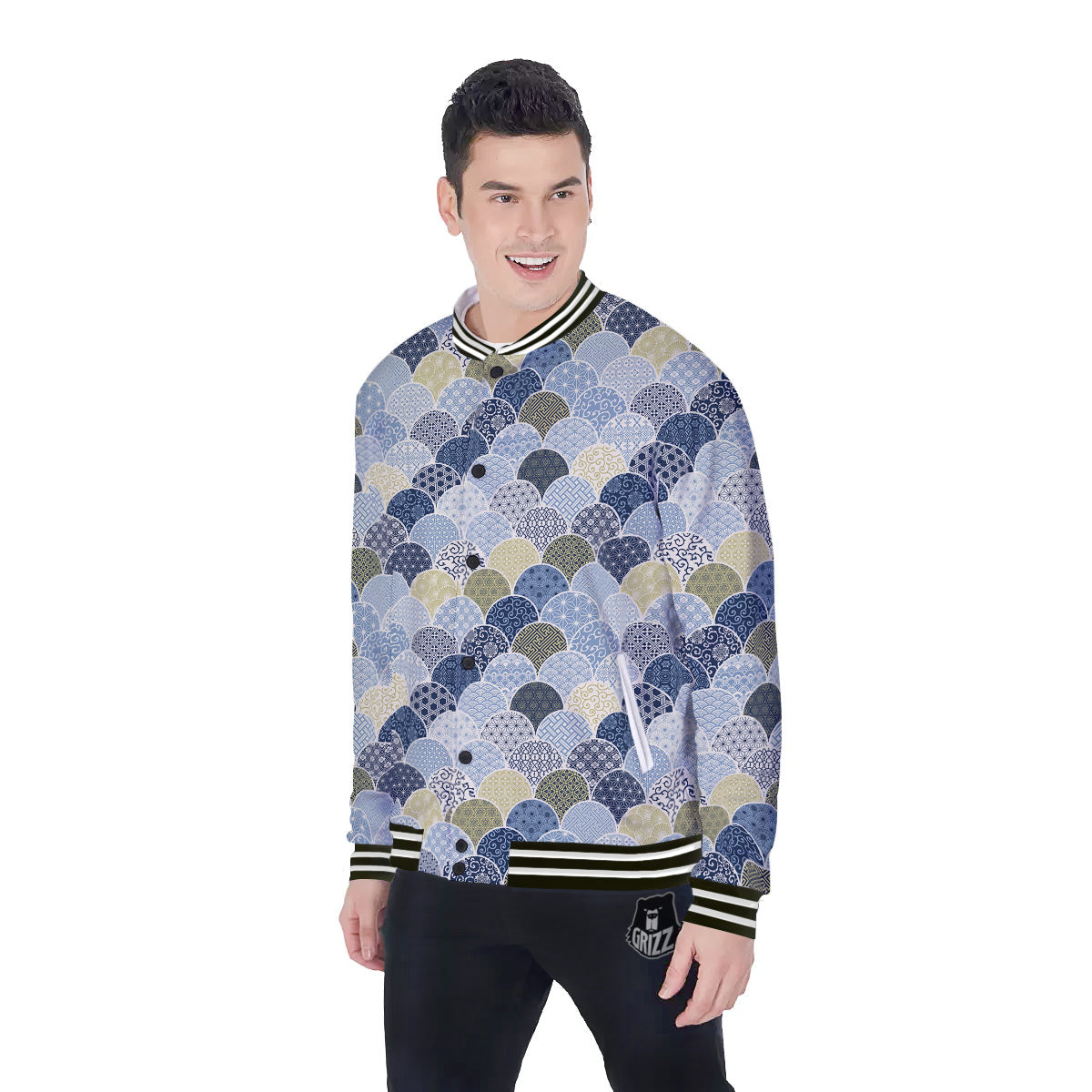 Patchwork Blue Traditional Japanese Print Pattern Baseball Jacket-grizzshop